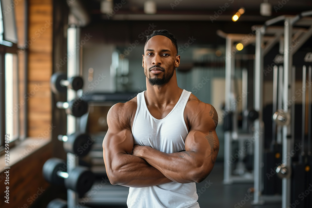 Confident and successful fitness trainer in a poised and friendly stance Standing in his gym Confident and successful fitness trainer in a poised and friendly stance Standing in his gym