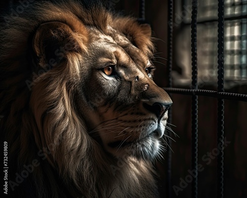 AI generated illustration of a majestic lion in a metal cage  gazing outside at its natural habitat