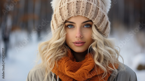 Side beauty portrait of beautiful attractive girl, young calm woman is breathing deep deeply fresh air at winter cold frosty snowy day with her eyes closed, meditating, doing breath exercise, enjoying