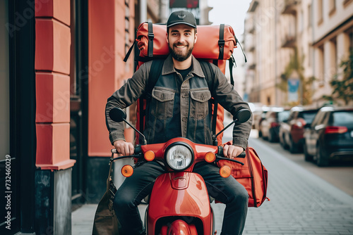 Confident Food delivery in a poised and friendly gesture stance, Standing in front of his food delivery motorcycle