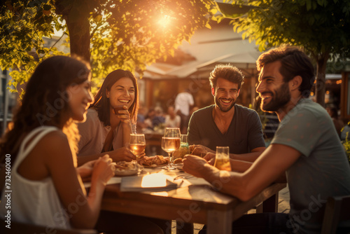 Friends enjoying sunset dinner at outdoor cafe laughing together