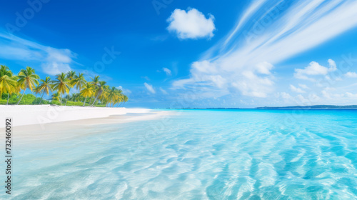 Tropical beach paradise with clear blue water, white sand, and palm trees under a sunny sky