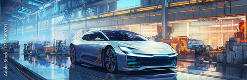 Futuristic sports car in a high-tech automotive plant with robots