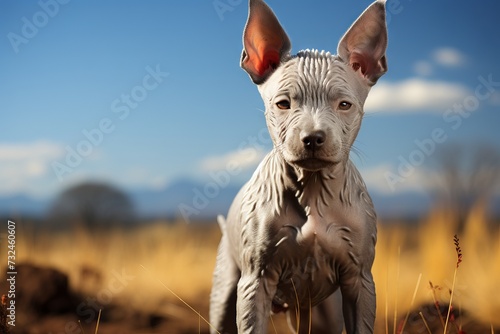 Dog breed Xoloitzcuintle, slender Mexican hairless dog on a minimalistic background. 