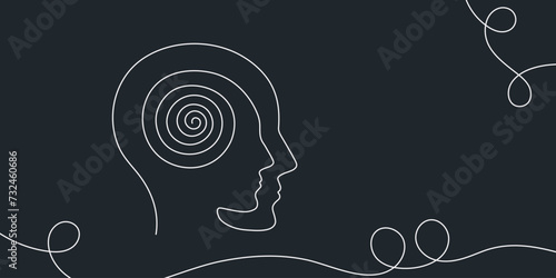 Metaphor bipolar disorder, Double face, Split personality, Parkinson, Psychology, Dual personality Mental health concept continuous one line drawing vector