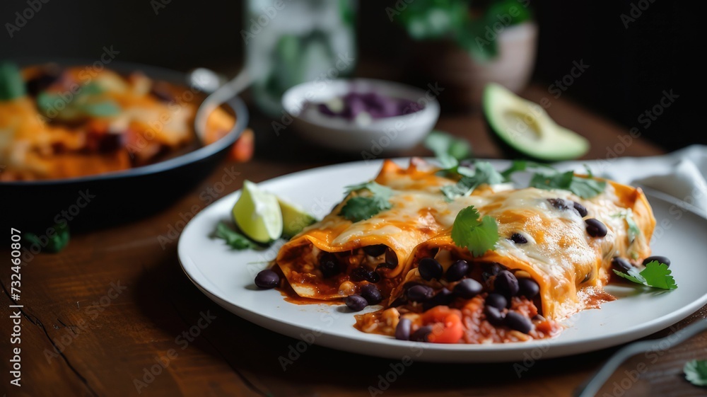 AI generated illustration of Black bean enchiladas served on a plate on a wooden table