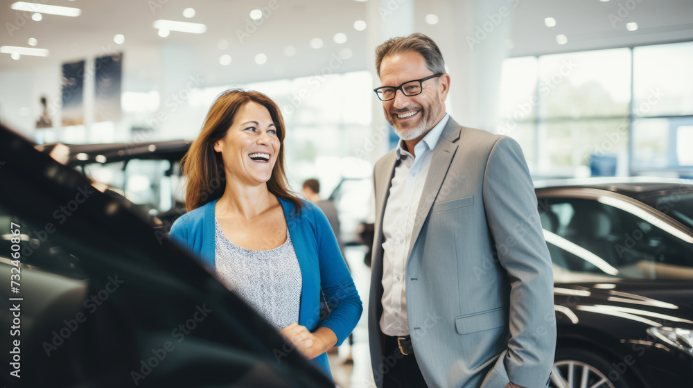 Happy couple laughing together in a car dealership showroom