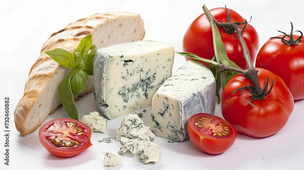 AI generated illustration of slices of cheese, and tomatoes on a white background AI generated illustration of slices of cheese, and tomatoes on a white background