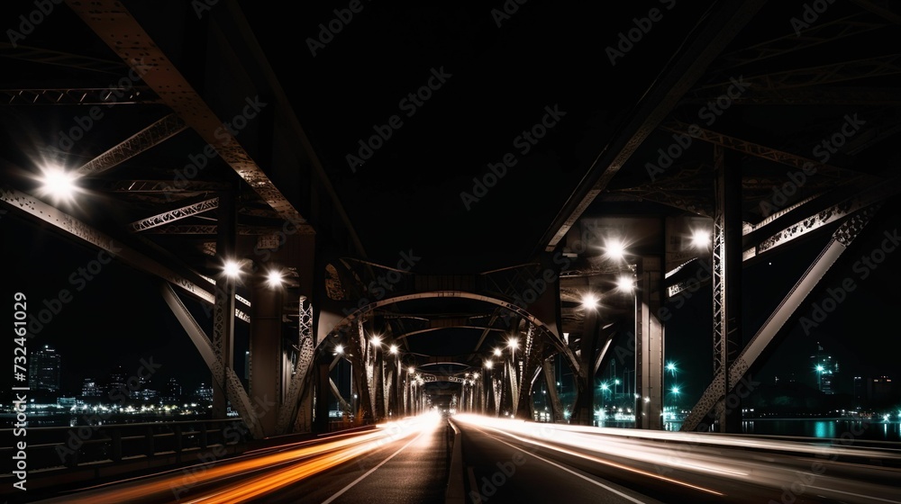 AI generated illustration of an illuminated bridge with light trails