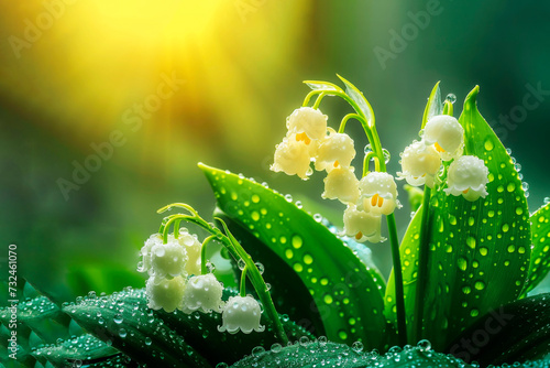 Fresh lilies of the valley with morning dew drops illuminated by soft sunlight. photo