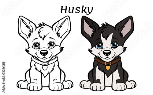 Cute husky puppy. Coloring book illustration. Outline and colored variants.