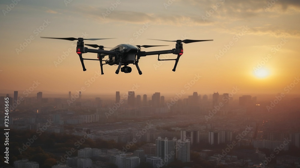AI generated illustration of a drone in the air with a stunning sunset and cityscape on background AI generated illustration of a drone in the air with a stunning sunset and cityscape on background