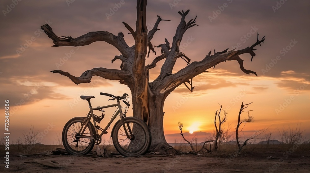 two bikes are sitting underneath a tree on the top of a hill