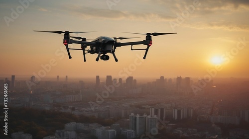 AI generated illustration of a drone in the air with a stunning sunset and cityscape on background
