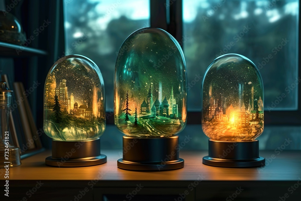 AI generated illustration of snow globes with illuminated cityscapes inside