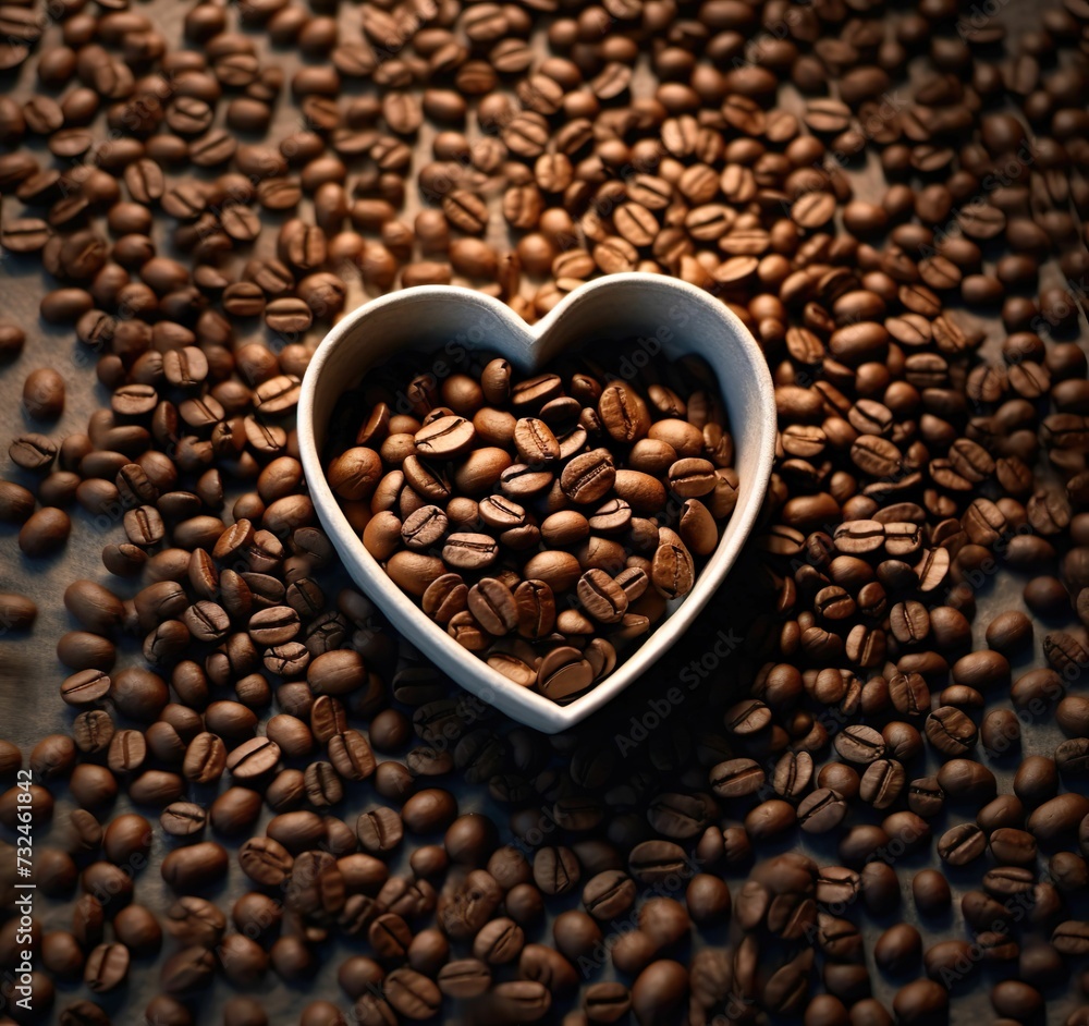 White mug in the shape of a heart, filled with freshly roasted coffee beans.. AI-generated. White mug in the shape of a heart, filled with freshly roasted coffee beans.. AI-generated.