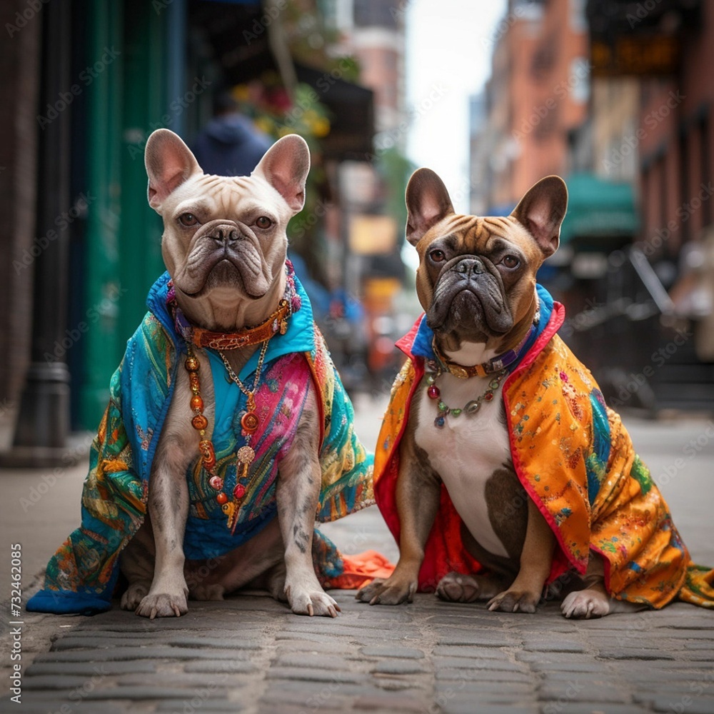 AI-generated illustration of adorable dogs wearing dresses in the street.
