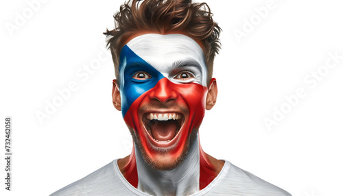 man soccer fun portrait with painted face of czech national flag isolated on transparent background