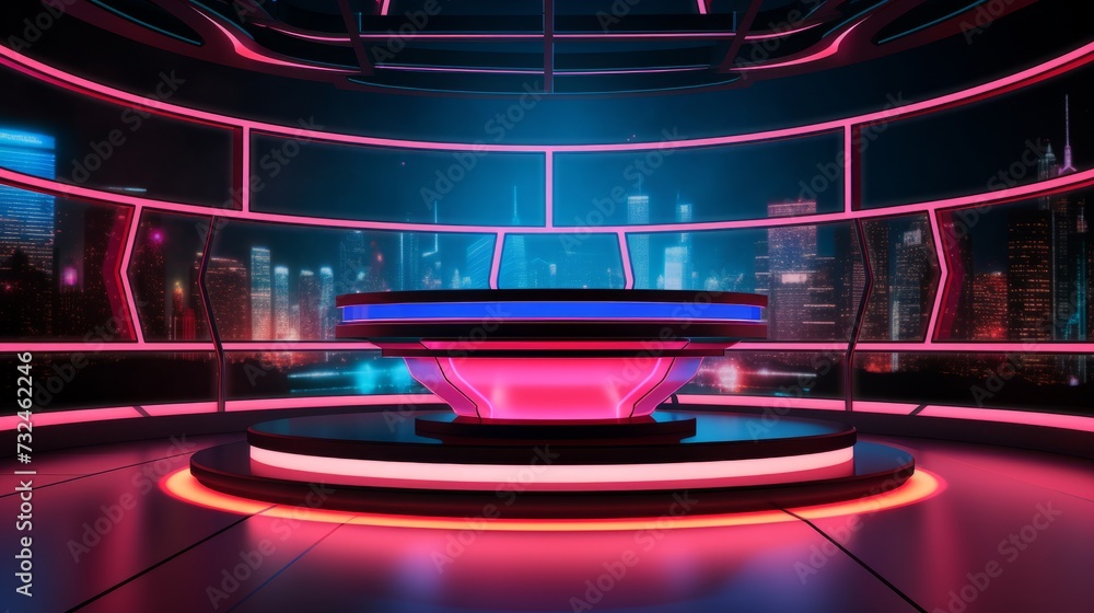 Dynamic news studio set with anchorman table, digital screens, and neon illumination - vector illustration - obrazy, fototapety, plakaty 