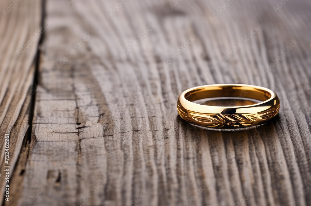 Gold ring on rustic wood table top with space for text Gold ring on rustic wood table top with space for text