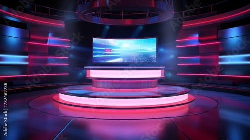 Dynamic news studio set with anchorman table, digital screens, and neon illumination - vector illustration photo