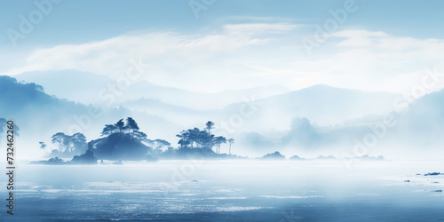 Serene ocean coastline with white mist. Tranquil landscape. Generative AI