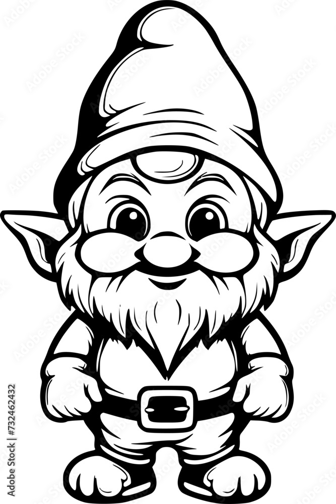 Illustration of a whimsical cartoon gnome character. Coloring book illustration.