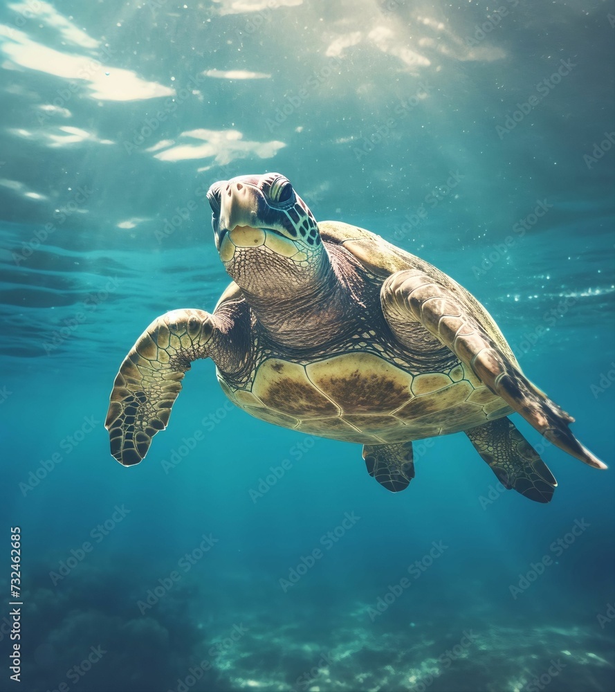 Obraz premium a green sea turtle swimming in a clear blue water area