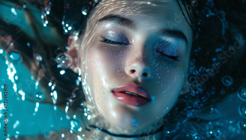 Sexual emotions of a girl with closed eyes in the water, close-up portrait of makeup and lips.
