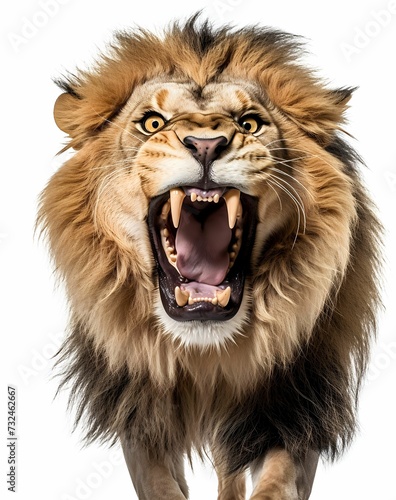 Lion with its mouth open and mane blowing in the wind against a white background, AI-generated.