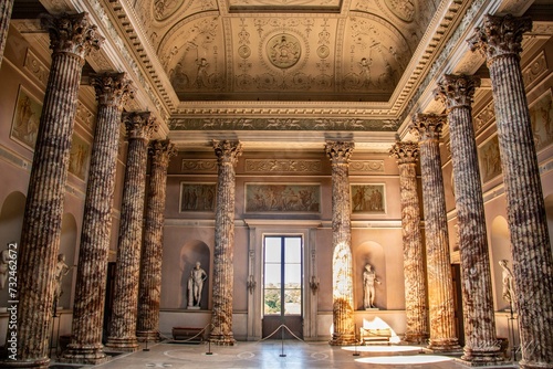 View of the grand Kedleston Hall Ballroom, featuring a ceiling and walls with ornate architecture