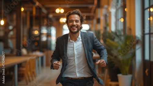 A businessman running in the office