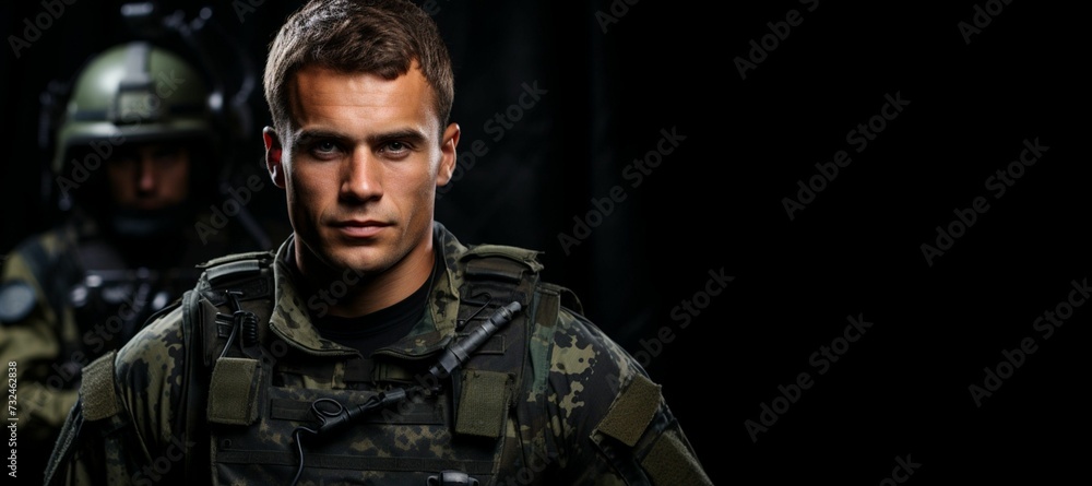 Fototapeta premium AI generated illustration of a middle-aged man in a military uniform on a dark background