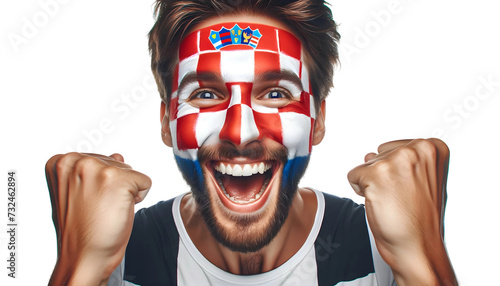 man soccer fun portrait with painted face of croatian national flag isolated on transparent background photo