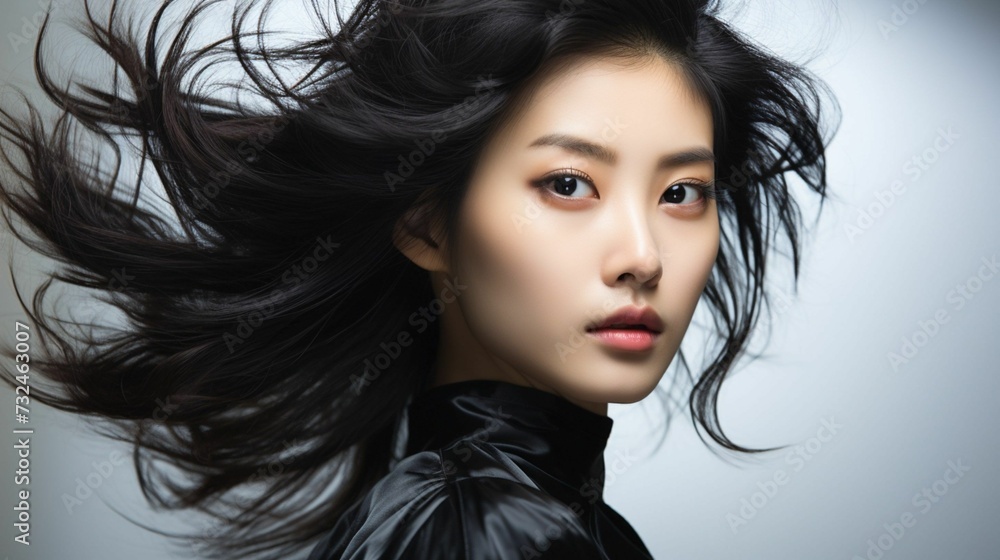 Naklejka premium a woman in black top with long dark clumsy hair and earrings