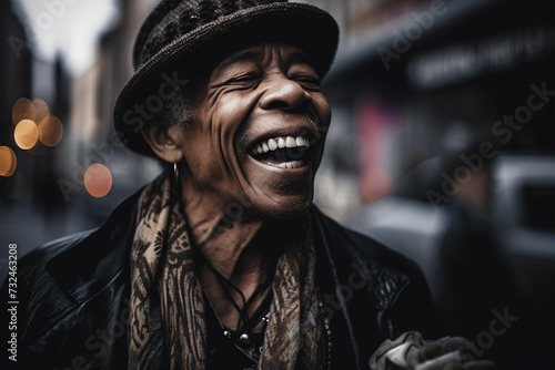 AI illustration of A cheerful senior man with dreadlocks and a hat enjoying a laugh on the street photo