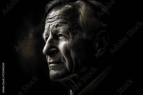 a man in black and white portrait against a dark background photo