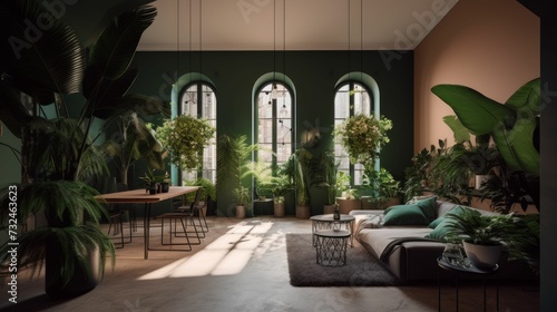 AI generated illustration of an interior of a room with natural light with a collection of plants