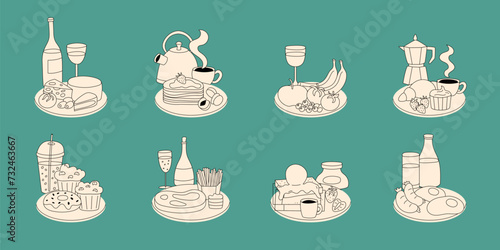 Breakfast icons. Wine, coffee and tea. Tasty dinner or lunch on plate, cheese deli, drink cup, healthy food cooking elements, meat doodle drawing, tomato and apple, bakery vector garish illustration