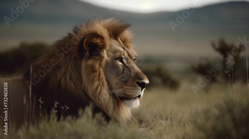 AI generated illustration of a majestic lion in a lush grass of a vast plain landscape © Wirestock