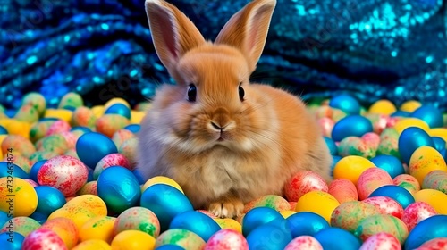 AI-generated illustration of a cute rabbit surrounded by colorful Easter eggs. © Wirestock