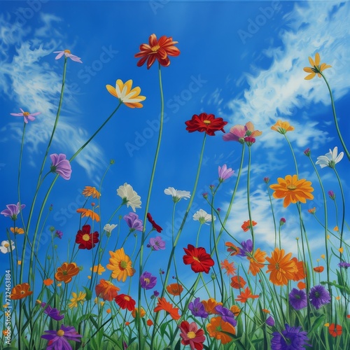 A landscape of colorful flowers against a vivid blue sky, encouraging attention to detail and color awareness. 