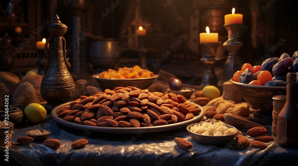 Immerse yourself in the culinary heritage of Ramadan as you discover the artistry of preparing Traditional Arabic dishes, showcasing the essence of dates and almonds. - obrazy, fototapety, plakaty 
