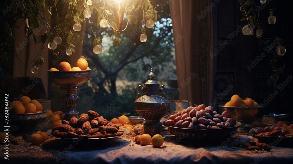 Immerse yourself in the cultural tapestry of Ramadan through the symbolism of dates and almonds. - obrazy, fototapety, plakaty 