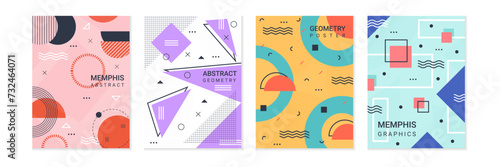 Graphic element geometry posters. Memphis style trendy abstract simple background, flyer vintage design, retro party invitation template hipster triangle shapes, frame or pattern. Vector garish banner