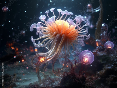 Colorful jellyfish floating in the water, AI-generated. © Wirestock