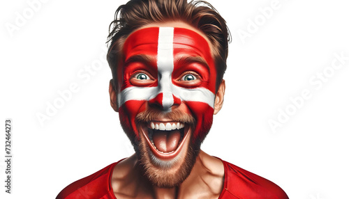 man soccer fun portrait with painted face danish of national flag isolated on transparent background