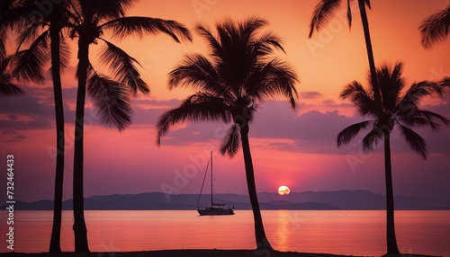 Tropical Ocean Sunset with Silhouetted Palm Trees and Sailboat