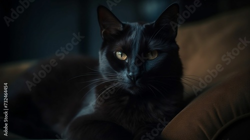 AI generated illustration of a black domestic cat laying on a couch photo