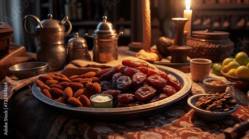 Immerse yourself in the flavors of Ramadan, capturing the close view of traditional Arabic food that showcases the prominence of dates and almonds. © Aqib